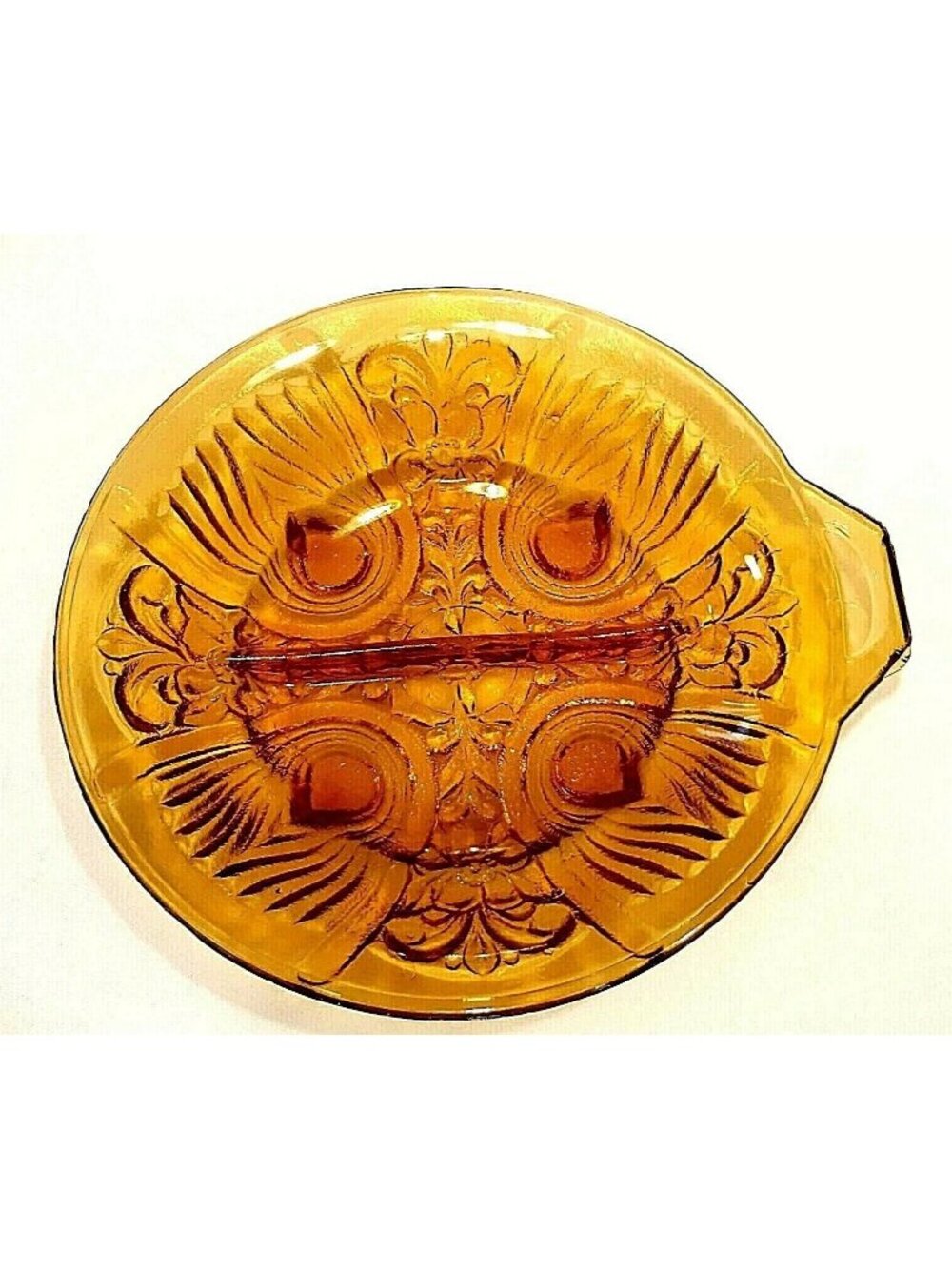 Vintage Indiana Glass Killarney Amber Round Divided Relish Candy Decor Celtic